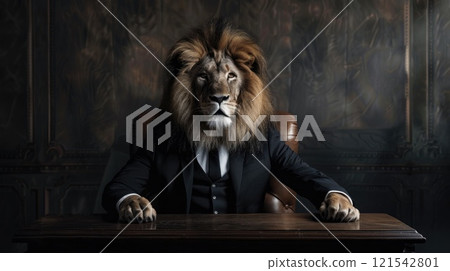 Stylish animal, A lion is sitting at a desk with a book in front of him. The lion is wearing a suit and tie, giving the impression that he is a businessman 121542801