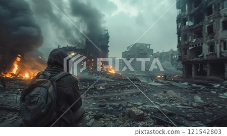 A person is standing in the middle of a city with a backpack on A person is standing in the middle of a city with a backpack on 121542803