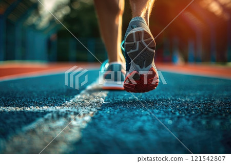 Close up of an athletes sports shoes running on a sports track on sunny day Close up of an athletes sports shoes running on a sports track on sunny day 121542807