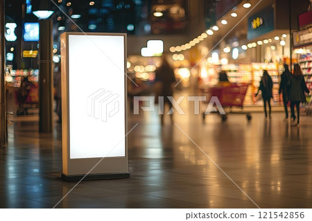 A standing white billboard at a grocery store entryway, with blurred carts and shoppers moving in the background A standing white billboard at a grocery store entryway, with blurred carts and shoppers moving in the background 121542856