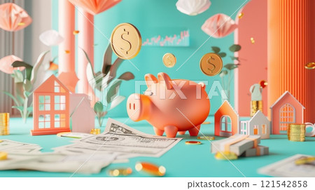 A pink piggy bank with a stack of money and coins on top of it A pink piggy bank with a stack of money and coins on top of it 121542858