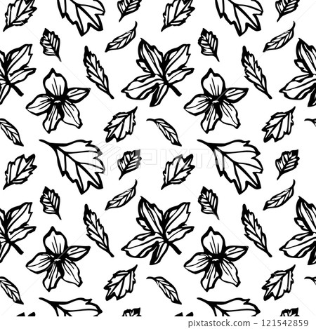 Monochrome seamless vector design with floral line art, depicting hand drawn flowers and leaves in black and white, ideal for use in textiles, packaging, prints, wallpaper, and covers Monochrome seamless vector design with floral line art, depicting hand drawn flowers and leaves in black and white, ideal for use in textiles, packaging, prints, wallpaper, and covers 121542859