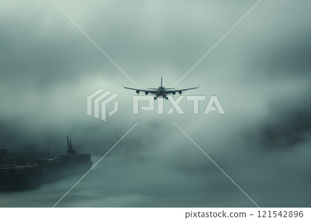 Airplane Approaching Airport Through Misty Clouds Over Calm Water in Dramatic Atmosphere Airplane Approaching Airport Through Misty Clouds Over Calm Water in Dramatic Atmosphere 121542896