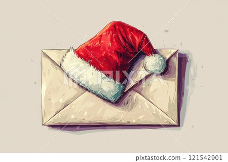Santa Hat on Envelope with Christmas Theme and Festive Vibes for Holiday Greetings 121542901