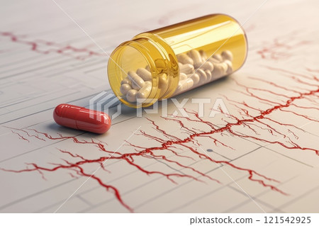 Close-Up of Spilled Medication Capsule and Prescription Bottle on Medical Background 121542925