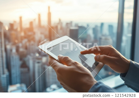 A person is using a tablet to point at something in the city 121542928