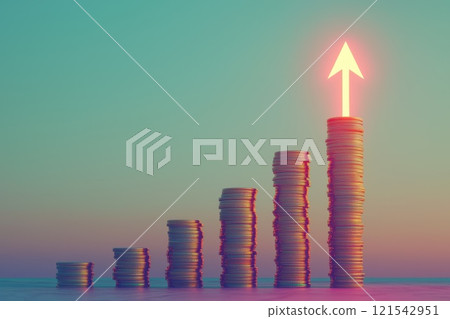 Growth in Finances with Stack of Coins and Arrow Symbolizing Success and Prosperity 121542951
