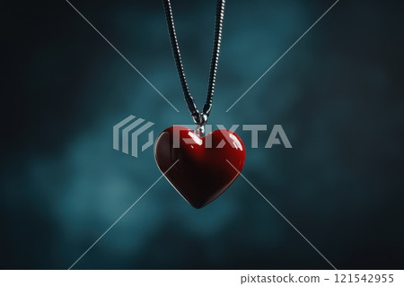 Shiny Red Heart Pendant Hanging on Silver Chain with Soft Blue Background and Smoky Vibe Shiny Red Heart Pendant Hanging on Silver Chain with Soft Blue Background and Smoky Vibe 121542955