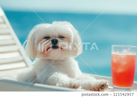 Relaxed Small Dog Enjoying Sunny Day by the Beach with Refreshing Drink on Lounge Chair 121542957