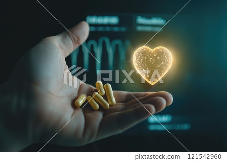 Digital Heart Visualization with Hand Holding Capsules and Heartbeat Monitors in Background 121542960