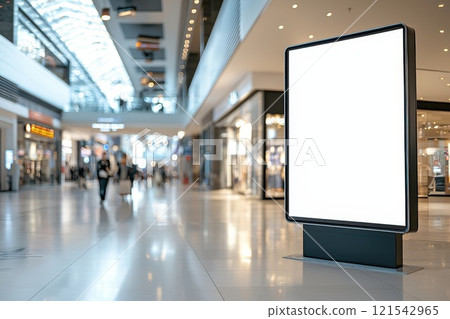 Blank Advertising Billboard in Modern Shopping Mall with Blurred Background and People Walking 121542965