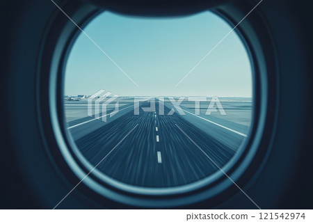 View of Runway from Airplane Window During Daylight with Clear Sky and Horizon Ahead 121542974