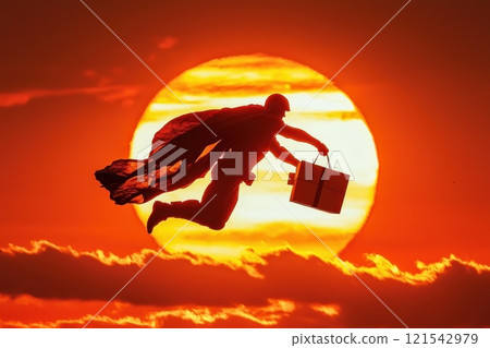 Heroic figure delivers package during sunset over horizon with vibrant orange sky and clouds 121542979