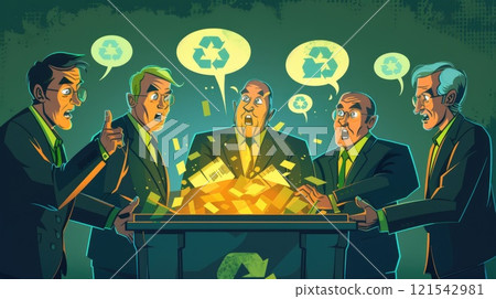 Political Debate on Sustainable Development, Caricature of Politicians Arguing Over Glowing Recycling Bin with Speech Bubbles 121542981