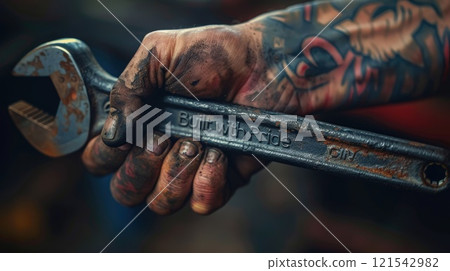Hardworking mechanic holding wrench with Built with Pride, Industrial work concept, Labor day 121542982