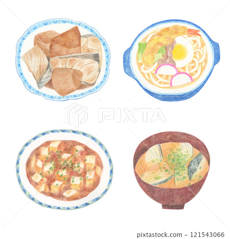 色鉛筆繪製的四種菜餚插圖 色鉛筆繪製的四種菜餚插圖 121543066