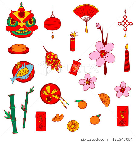 Chinese New Year Icon Clip Art Set. Traditional symbols, flat vibrant design elements. 121543094