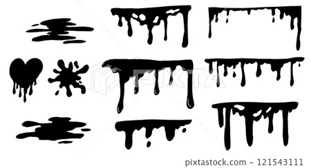 Paint drip splatter, liquid stain fluid ink droplet. Graffiti splash black melt. Paint flows, melt spray border. Paint drip splatter, liquid stain fluid ink droplet. Graffiti splash black melt. Paint flows, melt spray border. 121543111