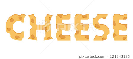 Cheese editable text isolated on white background. Yellow letters imitating cheese texture. Cheese editable text isolated on white background. Yellow letters imitating cheese texture. 121543125