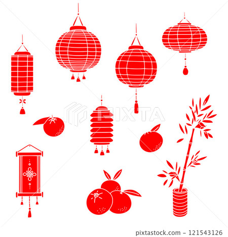 Chinese celebration set. Simple doodle line art contour silhouette icons. Red paper lanterns, bamboo, oranges. Chinese celebration set. Simple doodle line art contour silhouette icons. Red paper lanterns, bamboo, oranges. 121543126