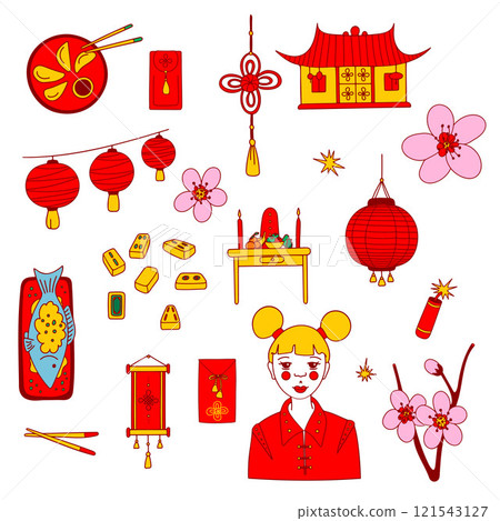 Flat Chinese New Year icon set. Traditional lunar new year symbols, design elements isolated on a white background. Flat Chinese New Year icon set. Traditional lunar new year symbols, design elements isolated on a white background. 121543127