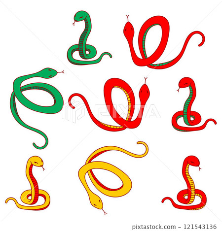 A set of snake icons. Simple doodle contour, red, yellow, green color variations on a white background. 121543136