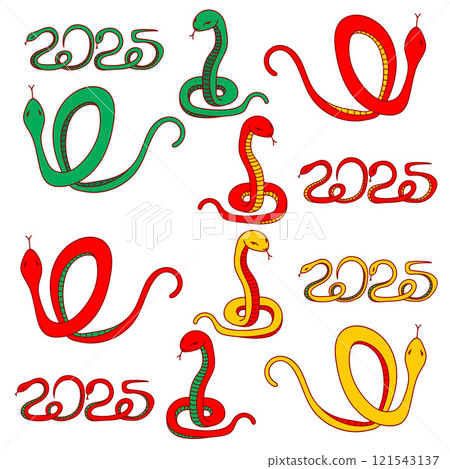 2025 year of the snake set. Lunar New Year illustration, snake in different movements and colors on a white background. 2025 year of the snake set. Lunar New Year illustration, snake in different movements and colors on a white background. 121543137