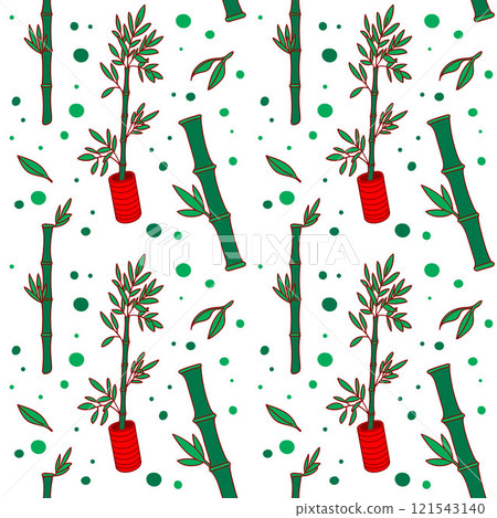 Bamboo seamless pattern. Botanical endless ornament. Green bamboo plant, sticks and leaves isolated on a white background. 121543140