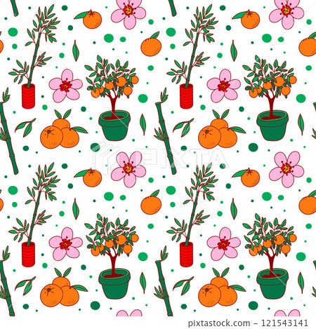 Botanical seamless pattern, endless ornament. Green bamboo sticks and leaves, orange tree and flowers isolated on a white background. Botanical seamless pattern, endless ornament. Green bamboo sticks and leaves, orange tree and flowers isolated on a white background. 121543141