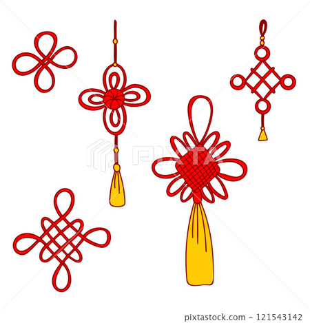 A set of traditional Chinese knots. Simple graphic elements, flat color clip art, red and yellow on a white background. A set of traditional Chinese knots. Simple graphic elements, flat color clip art, red and yellow on a white background. 121543142