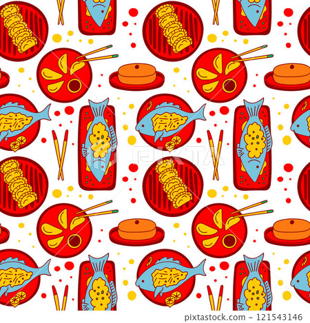 Lunar New Year Seamless Pattern. Traditional Chinese meals. Endless Ornament. Dumplings, fish, rice cake Lunar New Year Seamless Pattern. Traditional Chinese meals. Endless Ornament. Dumplings, fish, rice cake 121543146