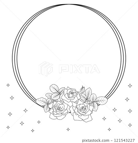 Decorative circle frame with roses, leaves and stars 121543227