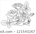 Line Roses border. Outline flowers bouquet, buds and leaves 121543267