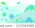 Eco-friendly green car with flowers coming from the exhaust pipe, with abstract fields and trees or wood in the background. 121543269