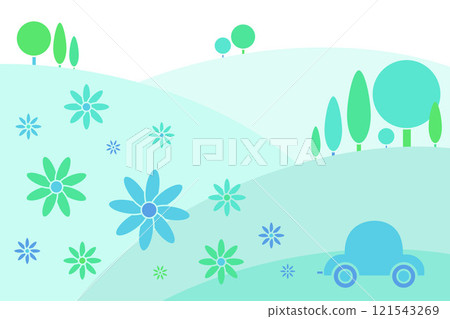 Eco-friendly green car with flowers coming from the exhaust pipe, with abstract fields and trees or wood in the background. 121543269