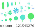 A set of abstract trees and flowers. Geometric nature icons. Simple minimalist shapes collection, calm green and blue colors 121543270