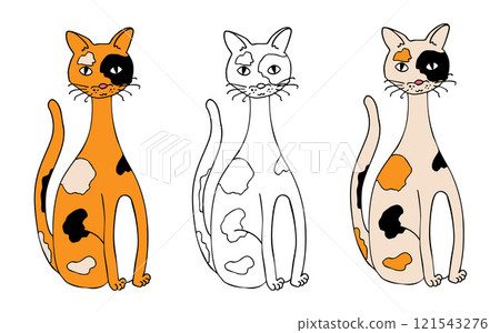 Silhouettes of a sitting cat, isolated on a white background. 121543276