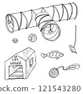 Pet's equipment set. Doodle collection. Toys for cats, scratching ball, teaser stick, carton cat house, play tunnel, a mouse, and a fish toy 121543280