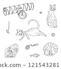 Cat's equipment set. Doodle collection. Cats in different positions, toys, scratching ball, teaser stick, cat house, play tunnel, mouse, fish. 121543281