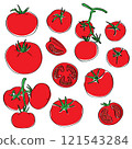 Set of tomato icons. Hand-drawn doodle contours, flat cartoon color, isolated on a white background. Black, red, green. 121543284