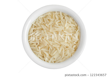 rice basmati in a ceramic bowl isolated on white background. Top view. Flat lay rice basmati in a ceramic bowl isolated on white background. Top view. Flat lay 121543657