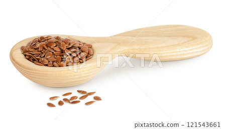flaxseed in wooden spoon isolated on white background. Top view. Flat lay flaxseed in wooden spoon isolated on white background. Top view. Flat lay 121543661