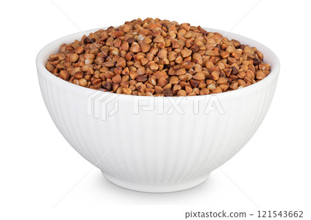 Raw buckwheat in ceramic bowl isolated on white background 121543662