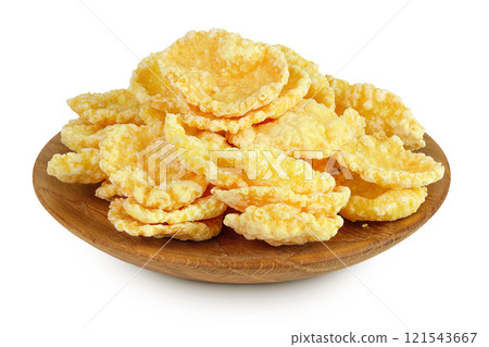 Cornflakes in wooden bowl isolated on white background. 121543667