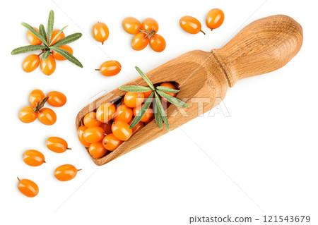 Sea buckthorn in wooden scoop. Fresh ripe berry with leaves isolated on white background. Top view with copy space for your text. Flat lay Sea buckthorn in wooden scoop. Fresh ripe berry with leaves isolated on white background. Top view with copy space for your text. Flat lay 121543679