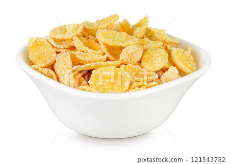 Cornflakes in ceramic bowl isolated on white background. Cornflakes in ceramic bowl isolated on white background. 121543782