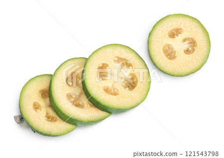 Feijoa fruit isolated on white background. Top view. Flat lay Feijoa fruit isolated on white background. Top view. Flat lay 121543798