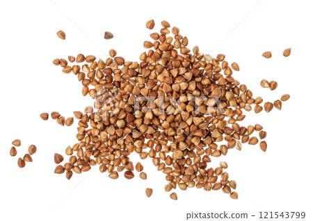 Raw buckwheat isolated on white background. Top view. Flat lay Raw buckwheat isolated on white background. Top view. Flat lay 121543799
