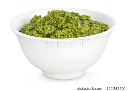 Pesto sauce in ceramic bowl isolated on white background 121543801