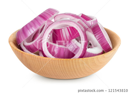 Red onion slices in wooden bowl isolated on a white background Red onion slices in wooden bowl isolated on a white background 121543810